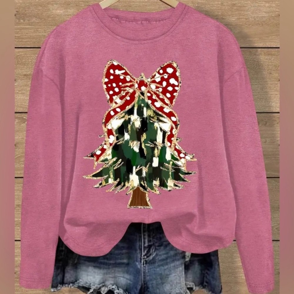 💝Boutique 🎀Pink Christmas Tree🎄Graphic Long Sleeve Tee
